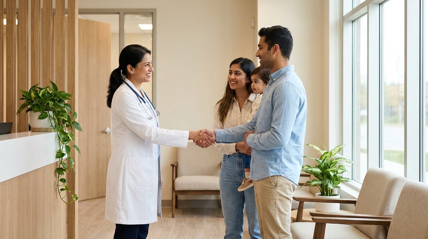 A family doctor welcoming a new patient family at a Mississauga clinic