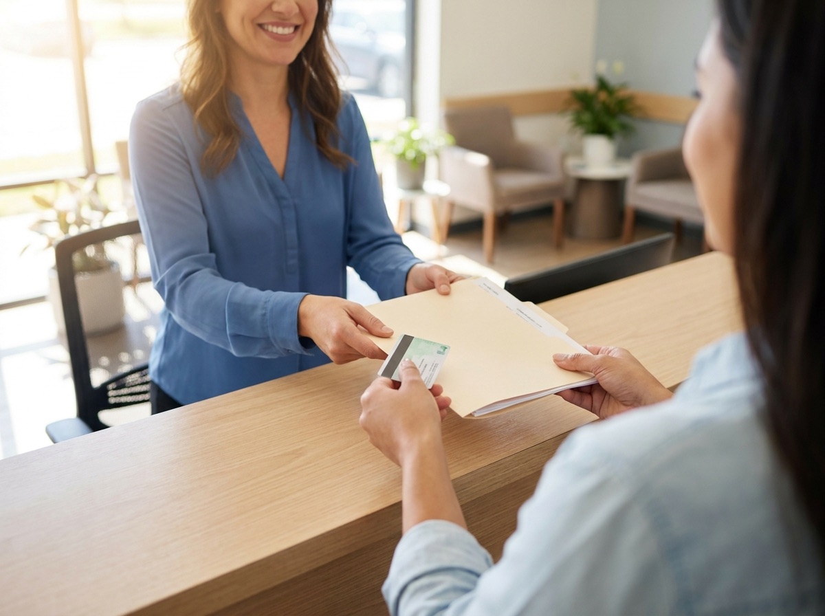 A new patient handing their health card and medical documents to a clinic receptionist in Mississauga