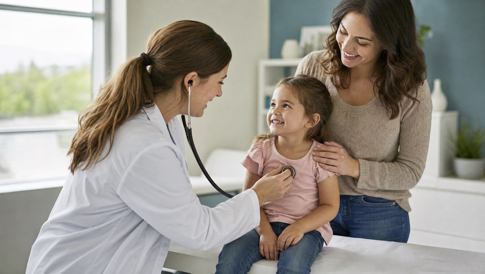 A smiling doctor gently checks a young child's chest with a stethoscope while her mother looks on reassuringly